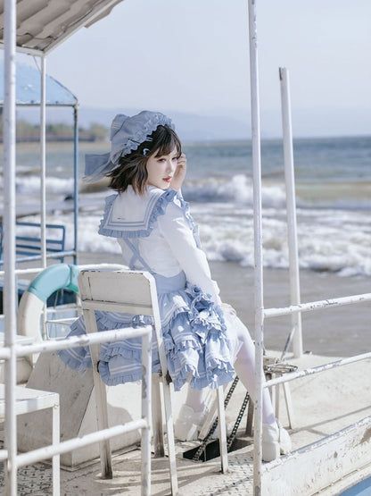 Sailor Collar Light Blue Bow Ruffled Accent Sweet Lolita Blouse