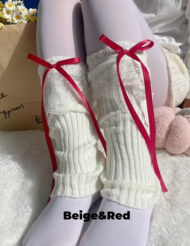 Gestrickte Beinwärmer mit Schleife und Spitzenmanschette in 9 Farben