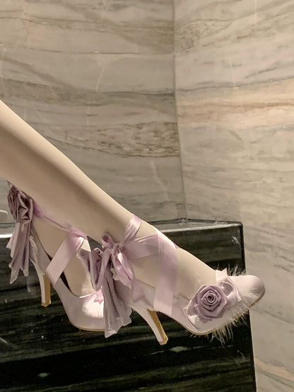 Elegant Rose Theme Bowknot & Bead Accents Lolita Shoes - 9.5cm High Heel - Cheese Mango