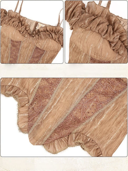 Brown Off-Shoulder Puff Sleeve Blouse with Ruffled Lace - Virtual Orbit
