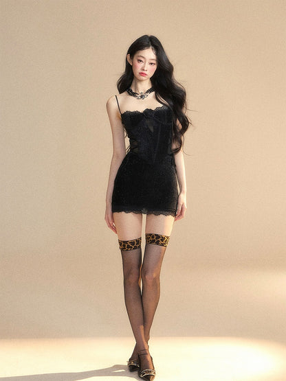 Waist Black/Red Slip Lace-up Lace Detail Rosette Patches Dress Accent Bodycon