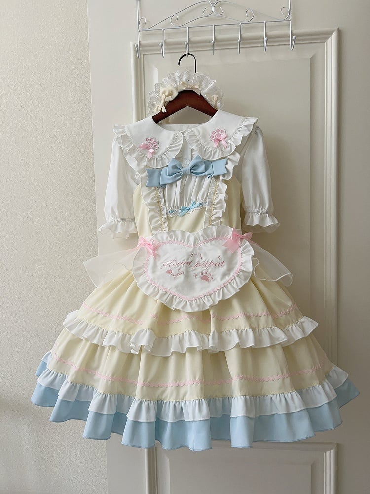 Yellow JSK Ruffle Bow Apron Maid Lolita + Dress Adorable Heart