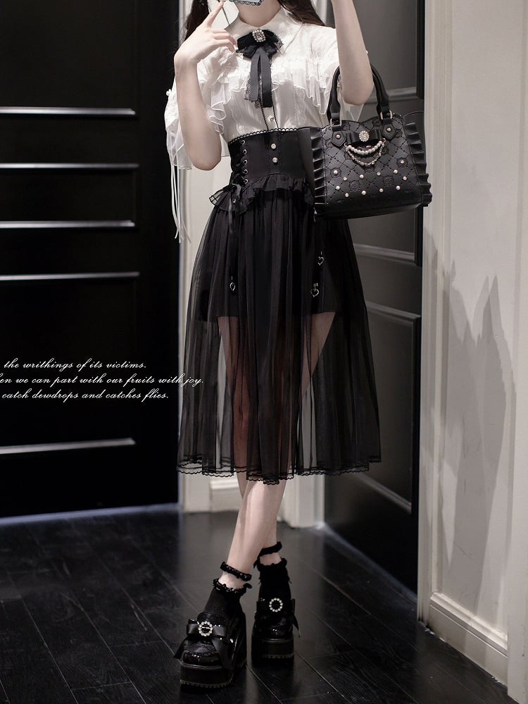 Black Lace-up High Waist Skirt Jirai Kei Style with Mesh Overlay