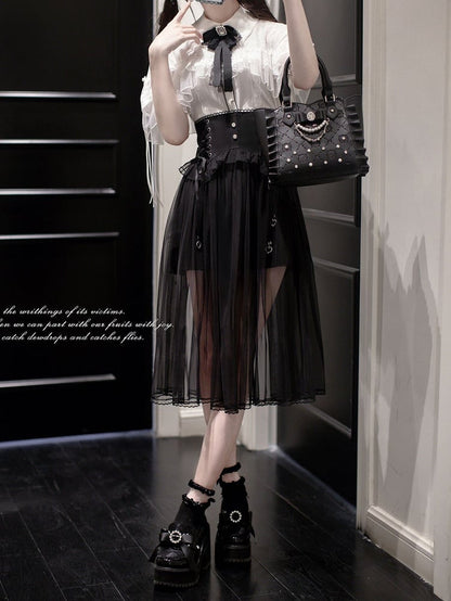 Black Lace-up High Waist Skirt Jirai Kei Style with Mesh Overlay