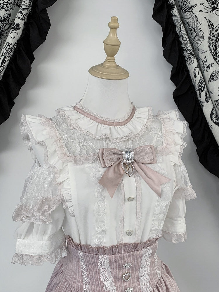 Pink & White Landmine Style Cutout Shoulder Short Sleeve Top with Rhinestone Bow and Lace - Virtual Paradise