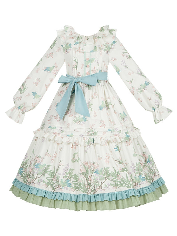Bird Belt Sleeves Lolita Kei Dress Print and Floral Natural with Waist Long
