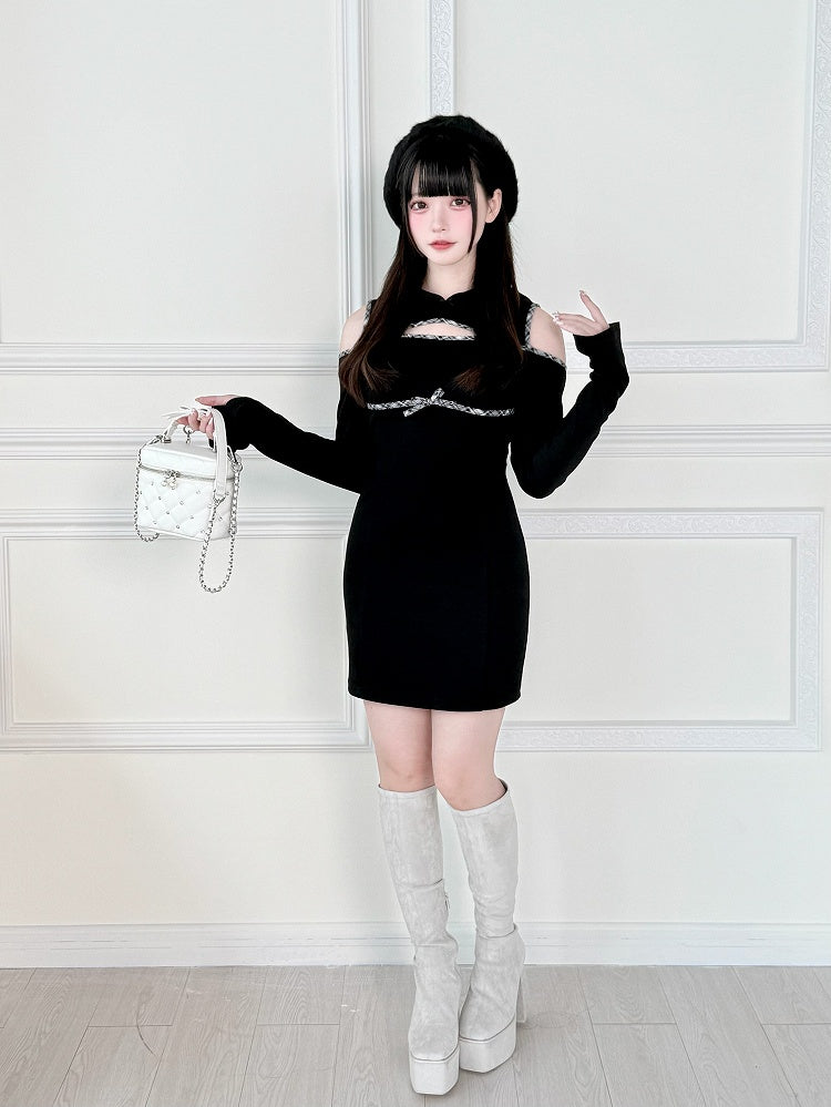 mit Jirai Kawaii Kei Kleid Brust und Schulter Schwarzer Alltagshoodie Ausschnitte über dem Knie