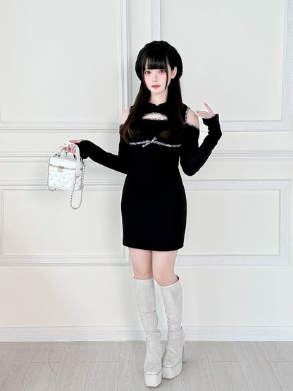 mit Jirai Kawaii Kei Kleid Brust und Schulter Schwarzer Alltagshoodie Ausschnitte über dem Knie