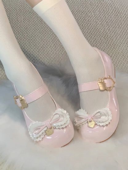Multi-layer Cake Bows Light Pink Buckle Low Heels with Sweet