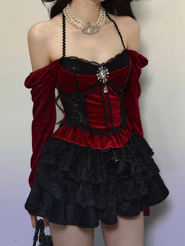 Red Rhinestones with Shimmering Velvet Halter Neck Top