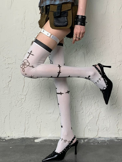 Strümpfe Pink Cross Over-Knee Gothic Print Pfirsich