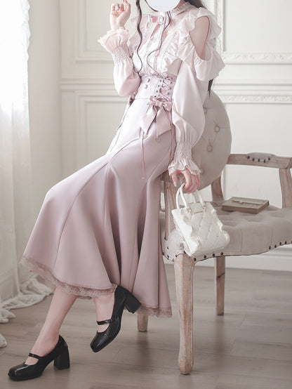 Light Pink Skirt Detail Mermaid Lace Lace-Up Trim and with High-Waisted