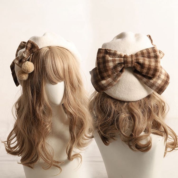Coffee/Khaki/Caramel/Beige with Bow Beret Pom-Pom Accents Plaid