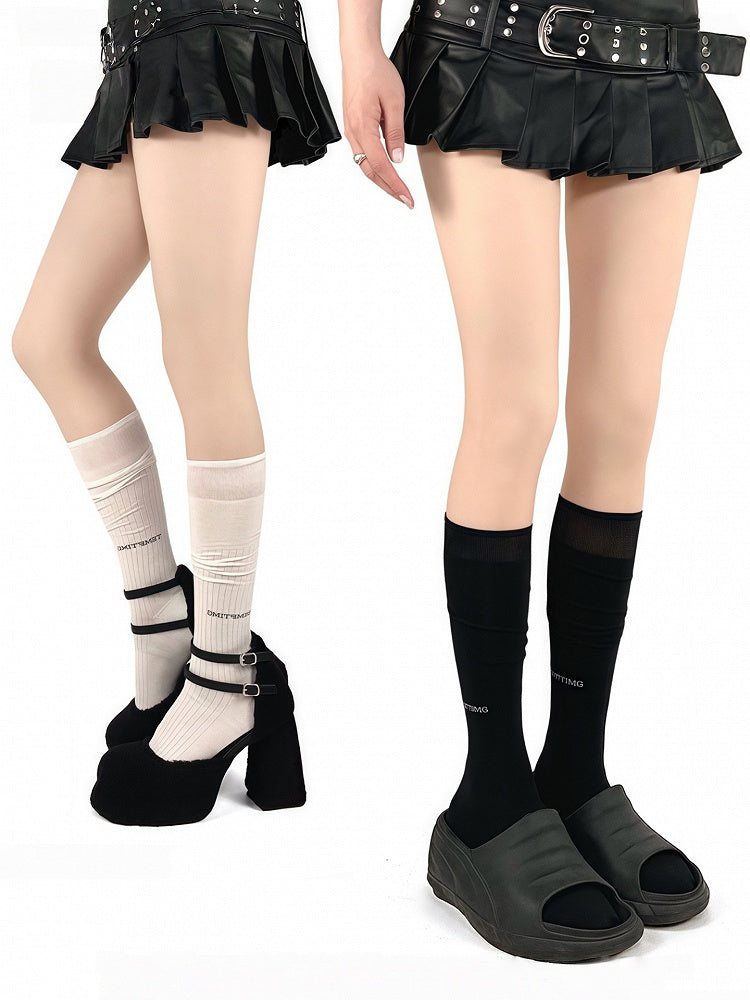 Pattern Black/White/Gray Socks Calf Vertical Letter Striped Printed