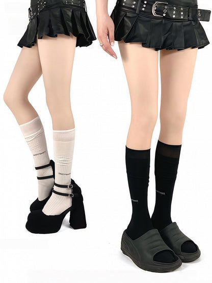 Pattern Black/White/Gray Socks Calf Vertical Letter Striped Printed