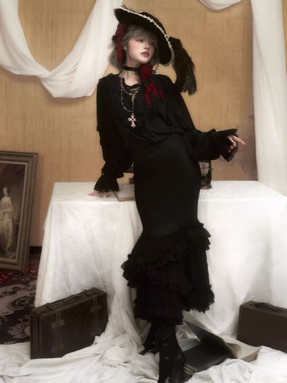 Skirt Fish-Tail Black Layered Ruffles Gothic Lolita with