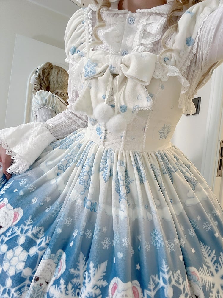 Süßes Lolita-Kleid mit Teddy- und Schneeflocken-Muster und Winterfleece-Saum