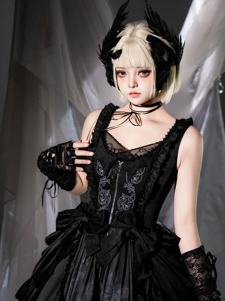 Grim Detachable Reaper and Print Bows Black Dress Waist at Scale Gothic with Lolita