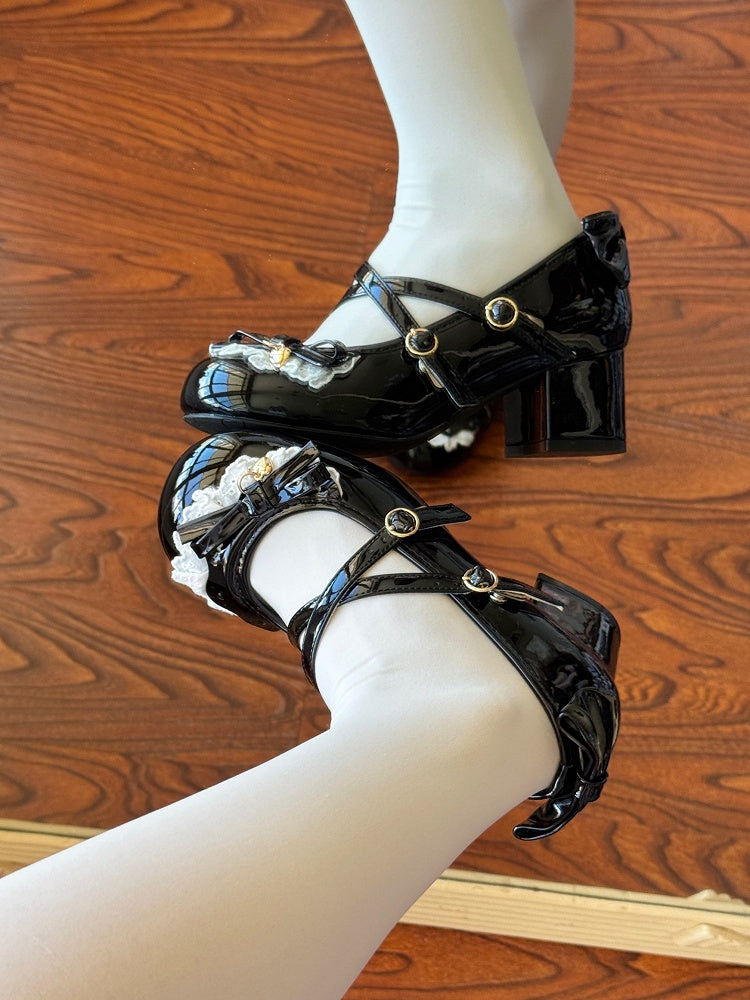 with Toe Sweet Round Heels Snap Lolita Decor Fastener Bow Mid Black