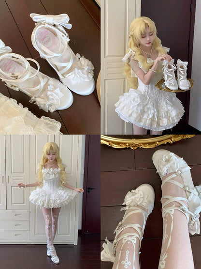 Satin Black-White Butterfly Knot Lolita Heels with Heart Buckle