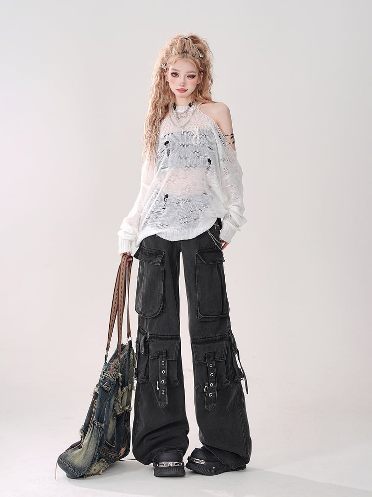 White Halter Neck Hollow-Out Knit Top with Cutout Shoulders