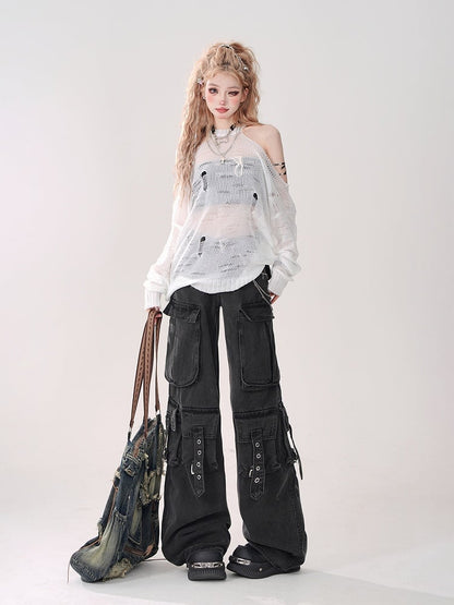 White Halter Neck Hollow-Out Knit Top with Cutout Shoulders