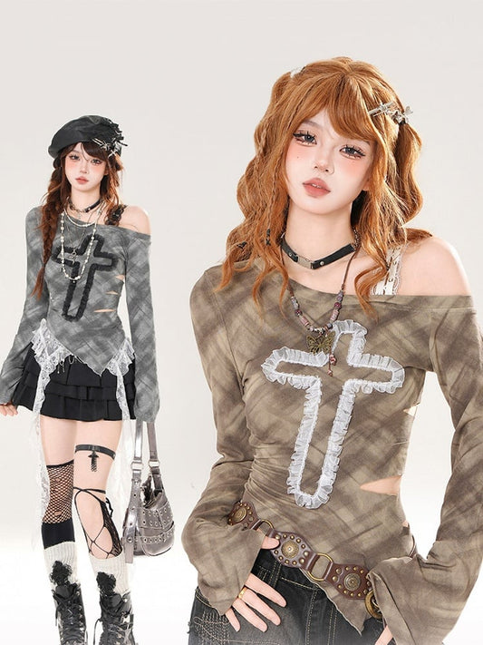 Details Gray/Green Lace One-Shoulder Cross Top Cutout with Applique and Plaid