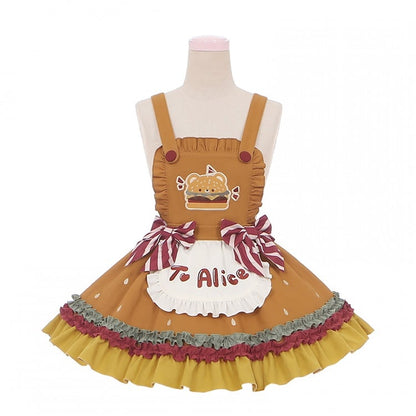 with Khaki Overalls Sweet Bowknots Hamburger Striped Cute Teddy