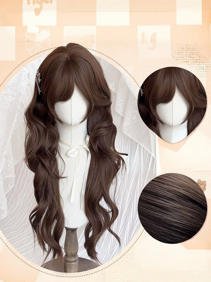Chocolate Brown Wavy Wig with Side-Swept Bangs - Meow Island Wig