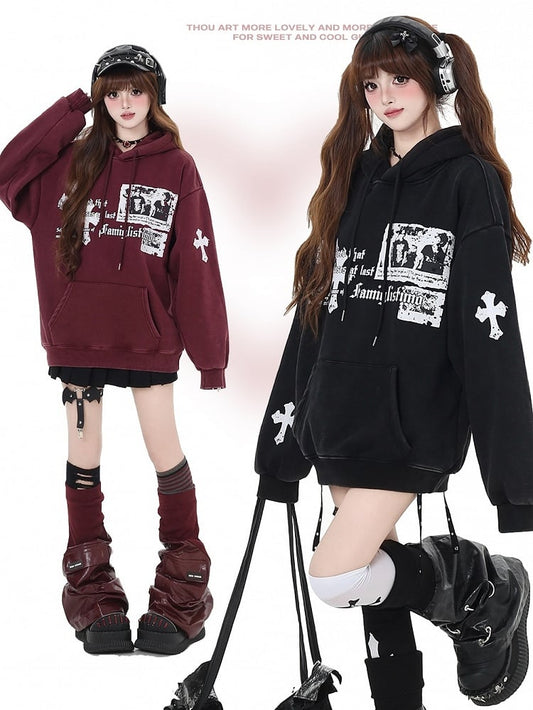 Black/Wine Red Crosses Print Graphic Hoodie