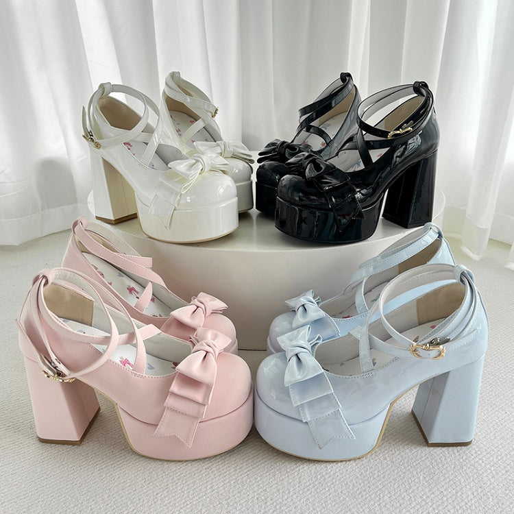 Crisscross Ankle Strap 11cm High Heels with Black Bow at Top, Size 38 - JIU JIU Lolita