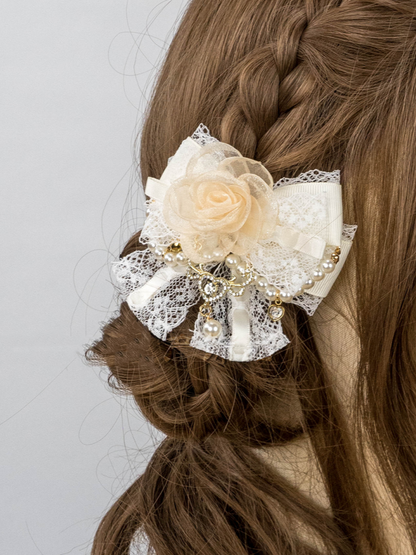 Jirai Kei Pink/Apricot/Black Lace Rose Beaded Chain Lolita Hairclip