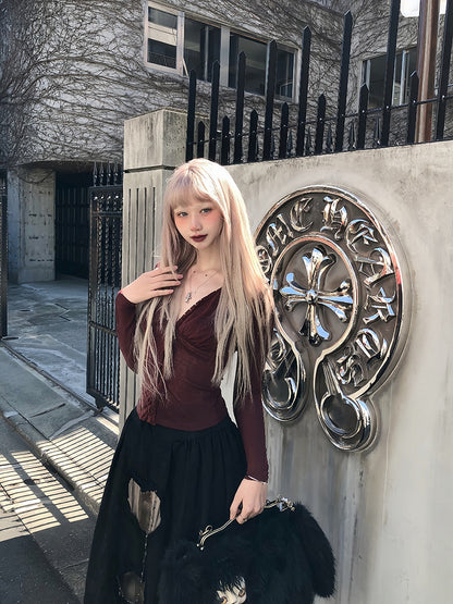 Cross Red Detachable Top V-Neck Rust Details with Necklace and Sleeve Vintage-Inspired Long Lace Hook