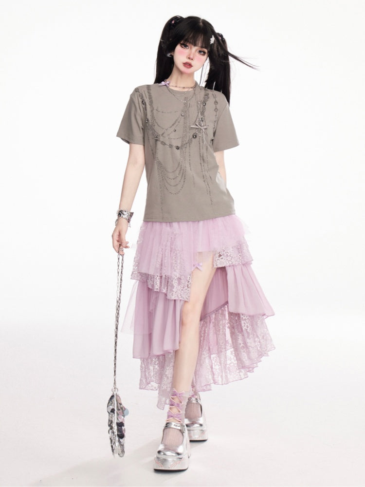 グレーのラウンドネックラインストーンチェーンヴィンテージTシャツ