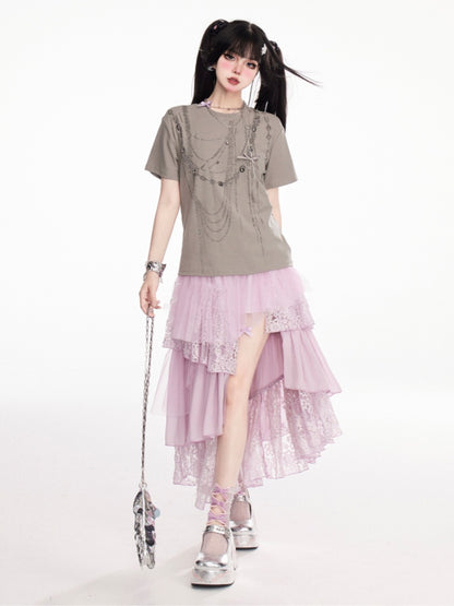 グレーのラウンドネックラインストーンチェーンヴィンテージTシャツ