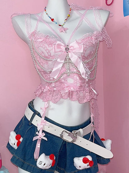 Pink Cross Top Beaded Lace Cami With Y2K Bow Charm Chains
