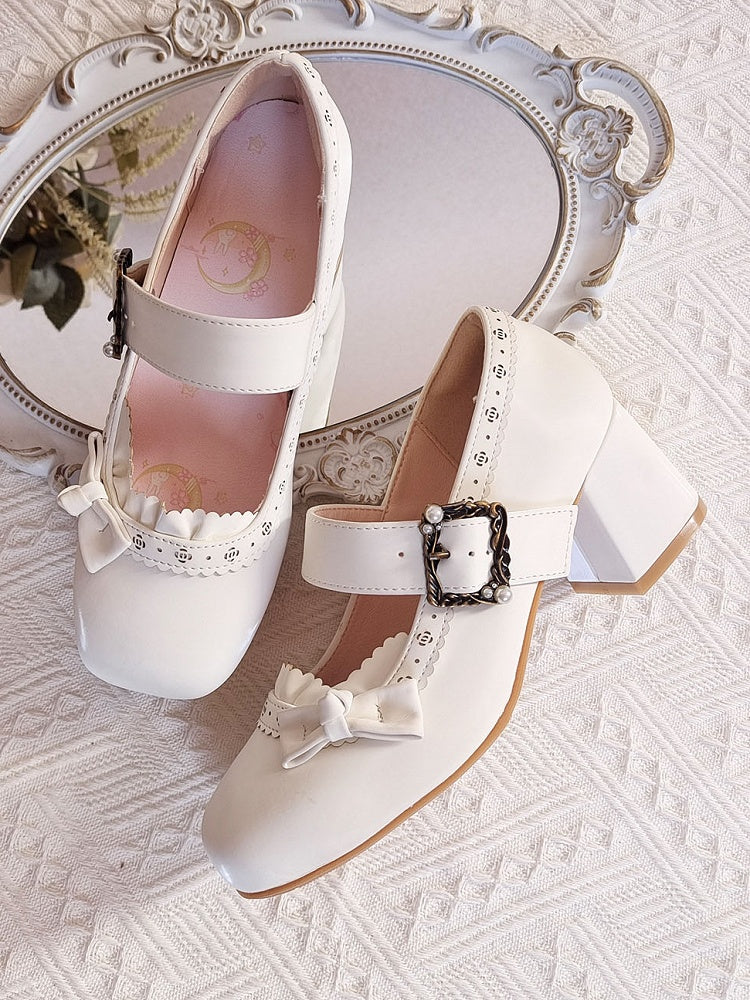 White Snap Mary with - Openwork Low-heel/Mid-heel Sophisticated Floral Design Janes Lolita