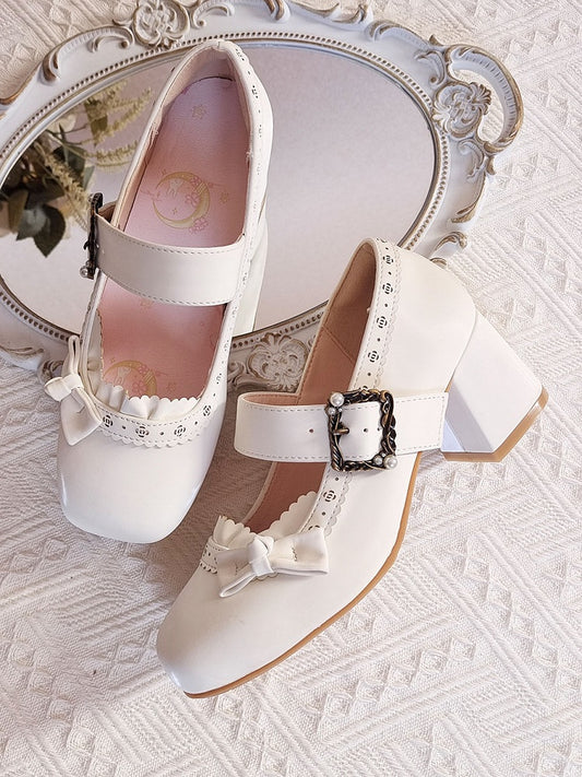 White Snap Mary with - Openwork Low-heel/Mid-heel Sophisticated Floral Design Janes Lolita