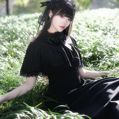 Gothic Lolita French Vintage Lace Cape A-Line Long Dress