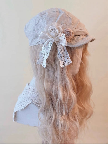 Fabric Bow and Newsboy Hat Decorated Wasteland Lace Flower