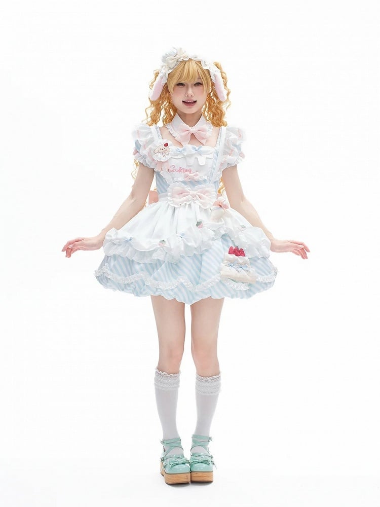 OP Stripe Full Train Bow Lolita Dress Brooch + Detachable Apron Bubble Decor Cake Puppy Skirt Blue Cute Set Sleeves with Hairband