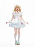 OP Stripe Full Train Bow Lolita Dress Brooch + Detachable Apron Bubble Decor Cake Puppy Skirt Blue Cute Set Sleeves with Hairband