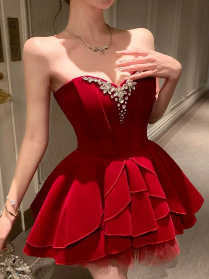 Sweetheart Mini Velvet Dress Vintage Red
