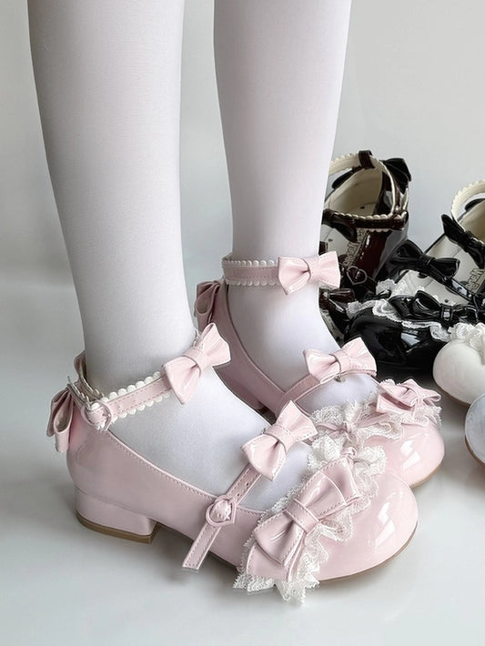 mit süßer Schleife Mary Lolita Schnallen Akzente Janes Pink Low-Heel Herz