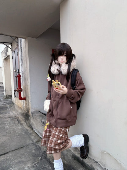 Necklace Fur-Collar Casual Starfish Anchor-Print Hoodie with Jirai Kei Zip Coffee