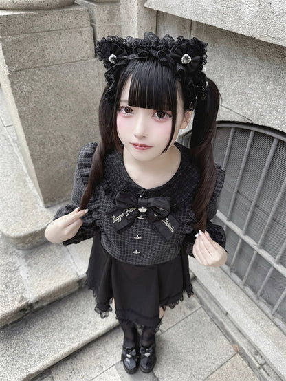 Black with Jirai Dress Square Houndstooth Waist Two-Piece Design Sleeve Buckles Long Faux and Kei