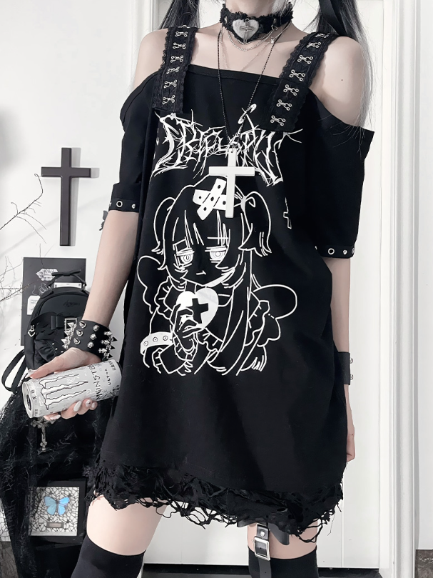 Print Gothic Black Off-Shoulder Subculture Cross-Buckle StrapsAnime Topwith Girl