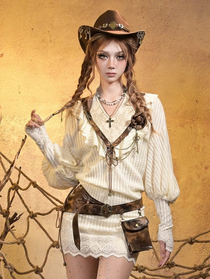 PU with Sleeves Knit V-neck Brown Punk Retro Beige Dress Bishop