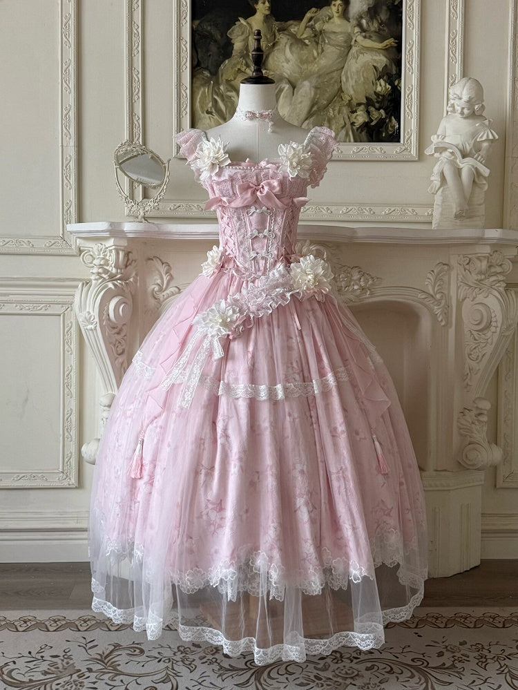 with Long Version Pink Jasmine-Embellished Buttons Top + Print Lolita Skirt Corset Frog Floral