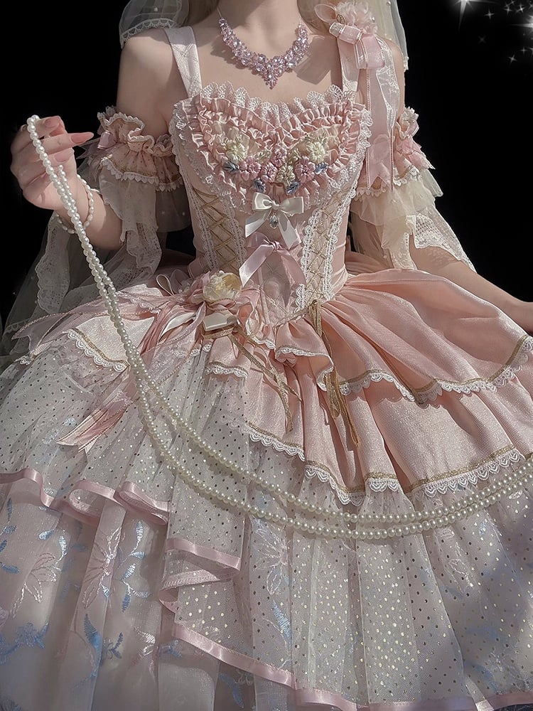Hem Short Pink Lolita with Embroidery Version High-low Dress Corset Hanayome Floral Waist Layered